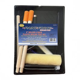 Elevate your painting with the PAINT-FORCE 9 in. Deluxe 6-Piece Plastic Roller Tray Set by PAINT FORCE. It includes a deluxe tray, roller frame, high-density polyester knit cover, two wooden handles, and more. Elegantly packaged in a black tray with a blue label, its crafted for excellence.